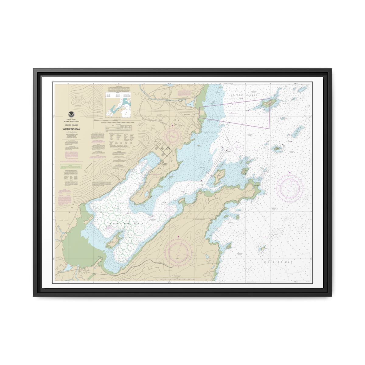 Chart 16596 Womens Bay - NOAA Nautical Chart Floating Frame Canvas | 32" x 24" | 40" x 30" - Black front