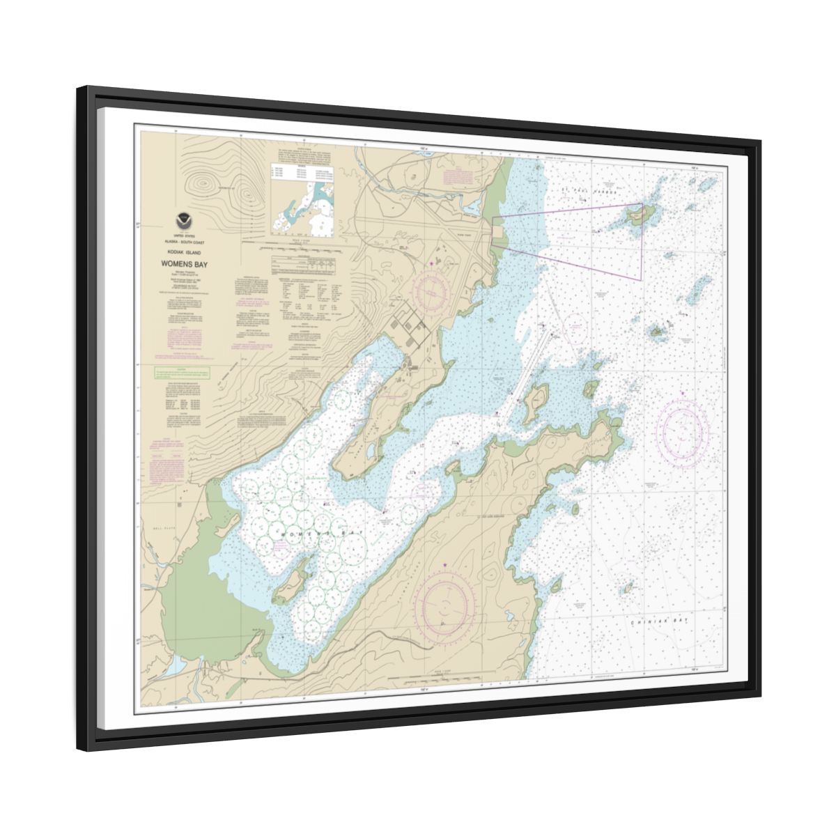 Chart 16596 Womens Bay - NOAA Nautical Chart Floating Frame Canvas | 32" x 24" | 40" x 30" - Black side