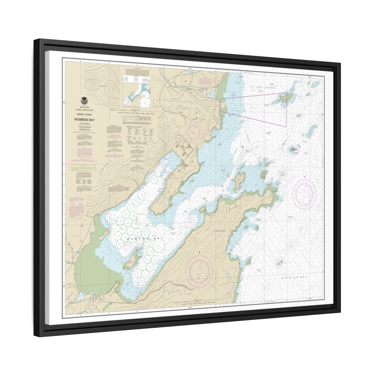 Chart 16596 Womens Bay - NOAA Nautical Chart Floating Frame Canvas | 32" x 24" | 40" x 30" - Black side