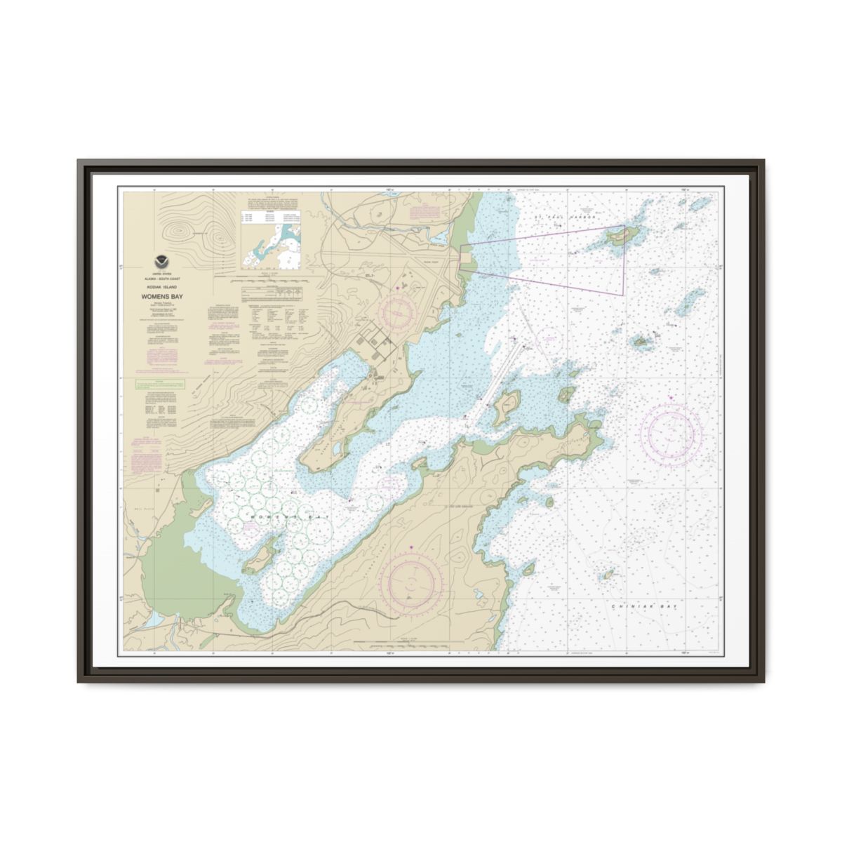 Chart 16596 Womens Bay - NOAA Nautical Chart Floating Frame Canvas | 32" x 24" | 40" x 30" - Espresso front