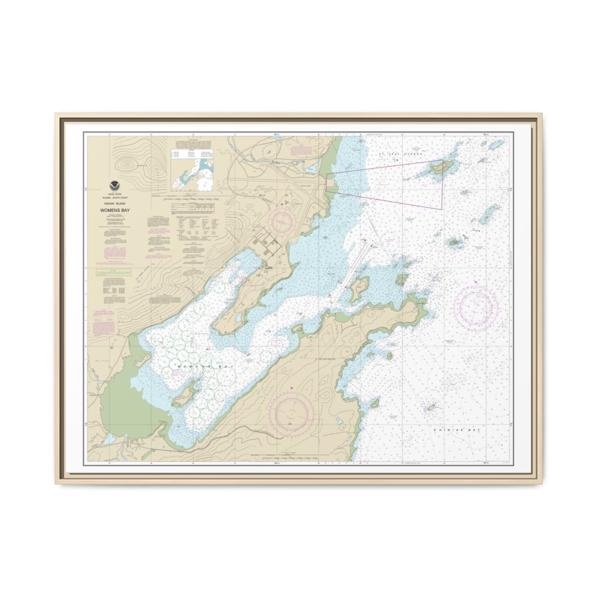Chart 16596 Womens Bay - NOAA Nautical Chart Floating Frame Canvas | 32" x 24" | 40" x 30" - Natural front
