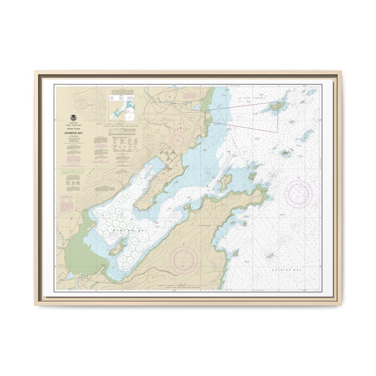 Chart 16596 Womens Bay - NOAA Nautical Chart Floating Frame Canvas | 32" x 24" | 40" x 30" - Natural front