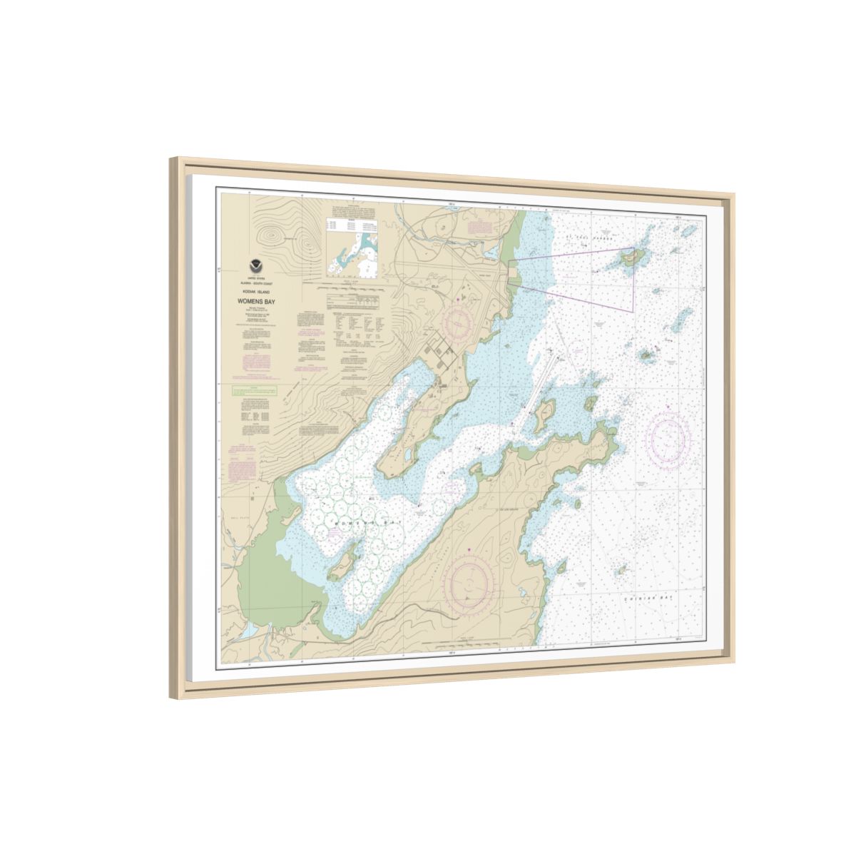Chart 16596 Womens Bay - NOAA Nautical Chart Floating Frame Canvas | 32" x 24" | 40" x 30" - Natural side