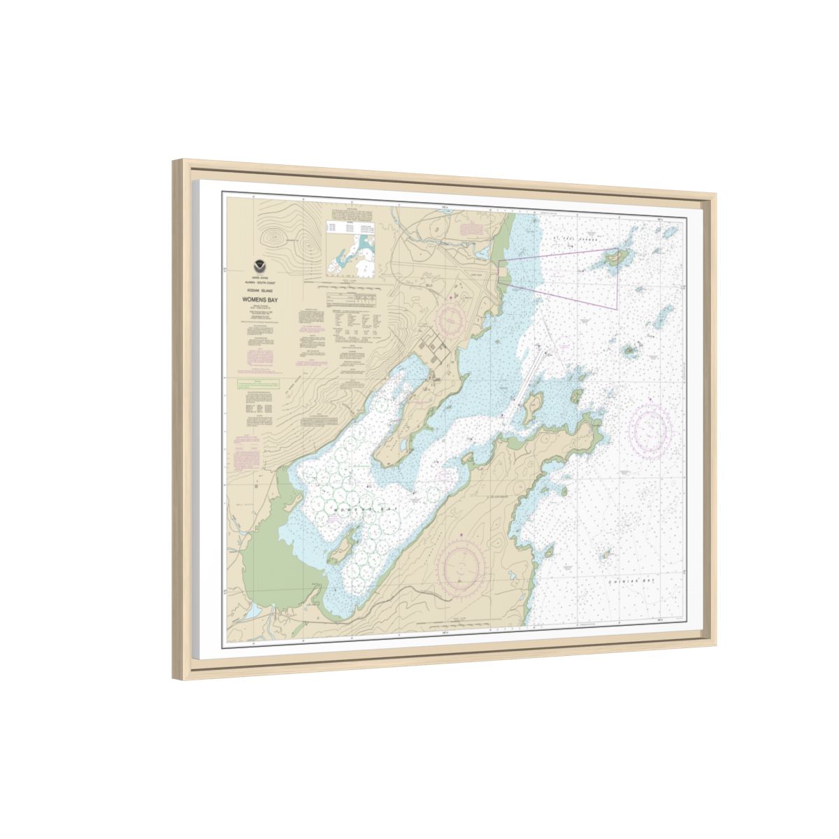 Chart 16596 Womens Bay - NOAA Nautical Chart Floating Frame Canvas | 32" x 24" | 40" x 30" - Natural side