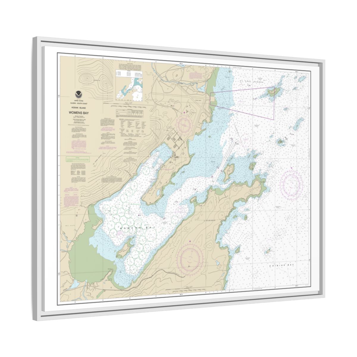 Chart 16596 Womens Bay - NOAA Nautical Chart Floating Frame Canvas | 32" x 24" | 40" x 30" - White side