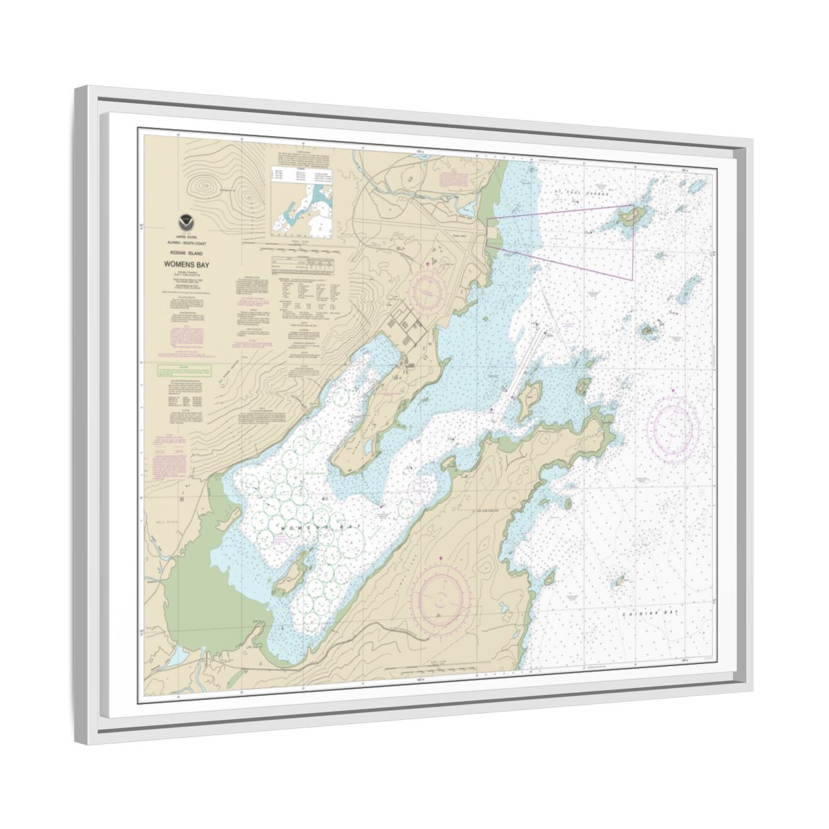 Chart 16596 Womens Bay - NOAA Nautical Chart Floating Frame Canvas | 32" x 24" | 40" x 30" - White side