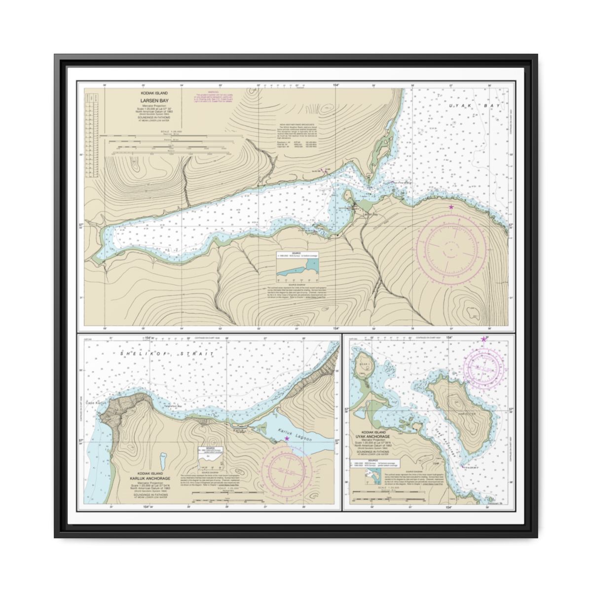 Chart 16599 Bays and Anchorages, Kodiak Island Karluk Anchorage;Larsen Bay;Uyak Anchorage - NOAA Nautical Chart Floating Frame Canvas | 32" x 32" - Black front