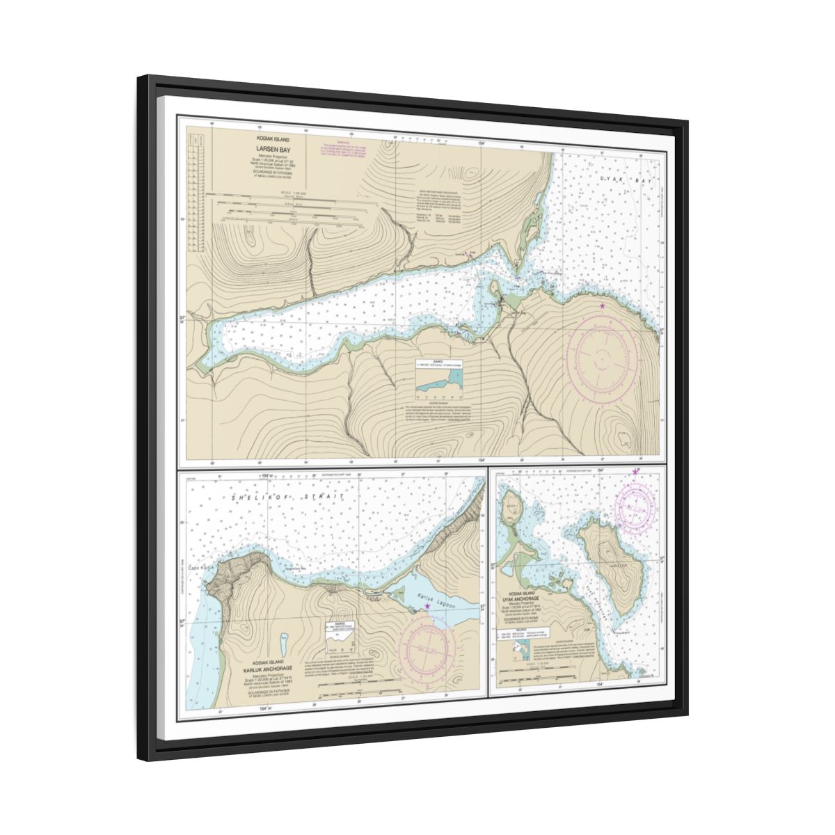 Chart 16599 Bays and Anchorages, Kodiak Island Karluk Anchorage;Larsen Bay;Uyak Anchorage - NOAA Nautical Chart Floating Frame Canvas | 32" x 32" - Black side