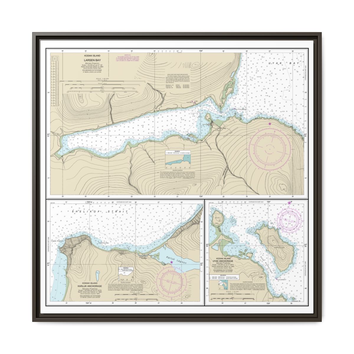 Chart 16599 Bays and Anchorages, Kodiak Island Karluk Anchorage;Larsen Bay;Uyak Anchorage - NOAA Nautical Chart Floating Frame Canvas | 32" x 32" - Espresso front