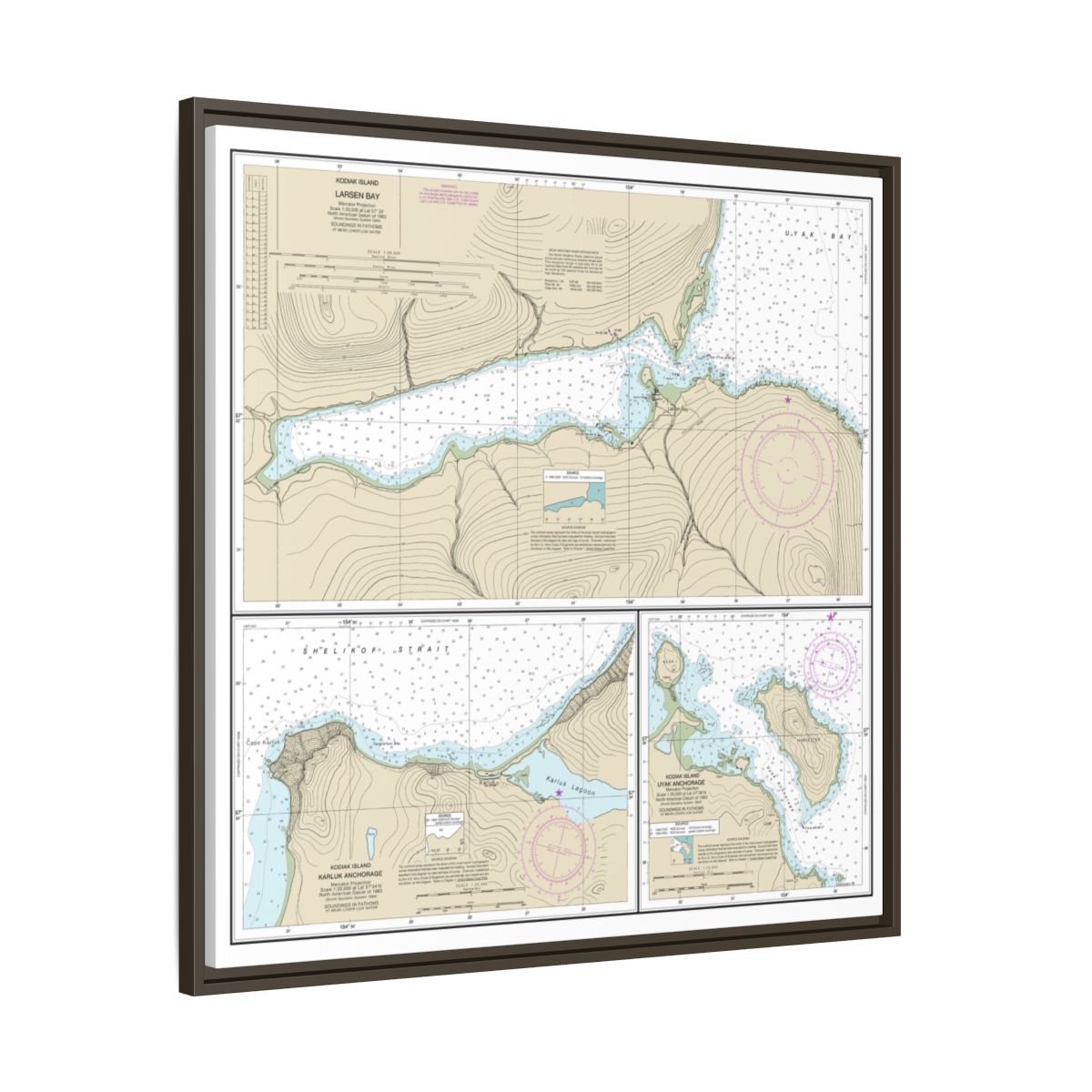 Chart 16599 Bays and Anchorages, Kodiak Island Karluk Anchorage;Larsen Bay;Uyak Anchorage - NOAA Nautical Chart Floating Frame Canvas | 32" x 32" - Espresso side