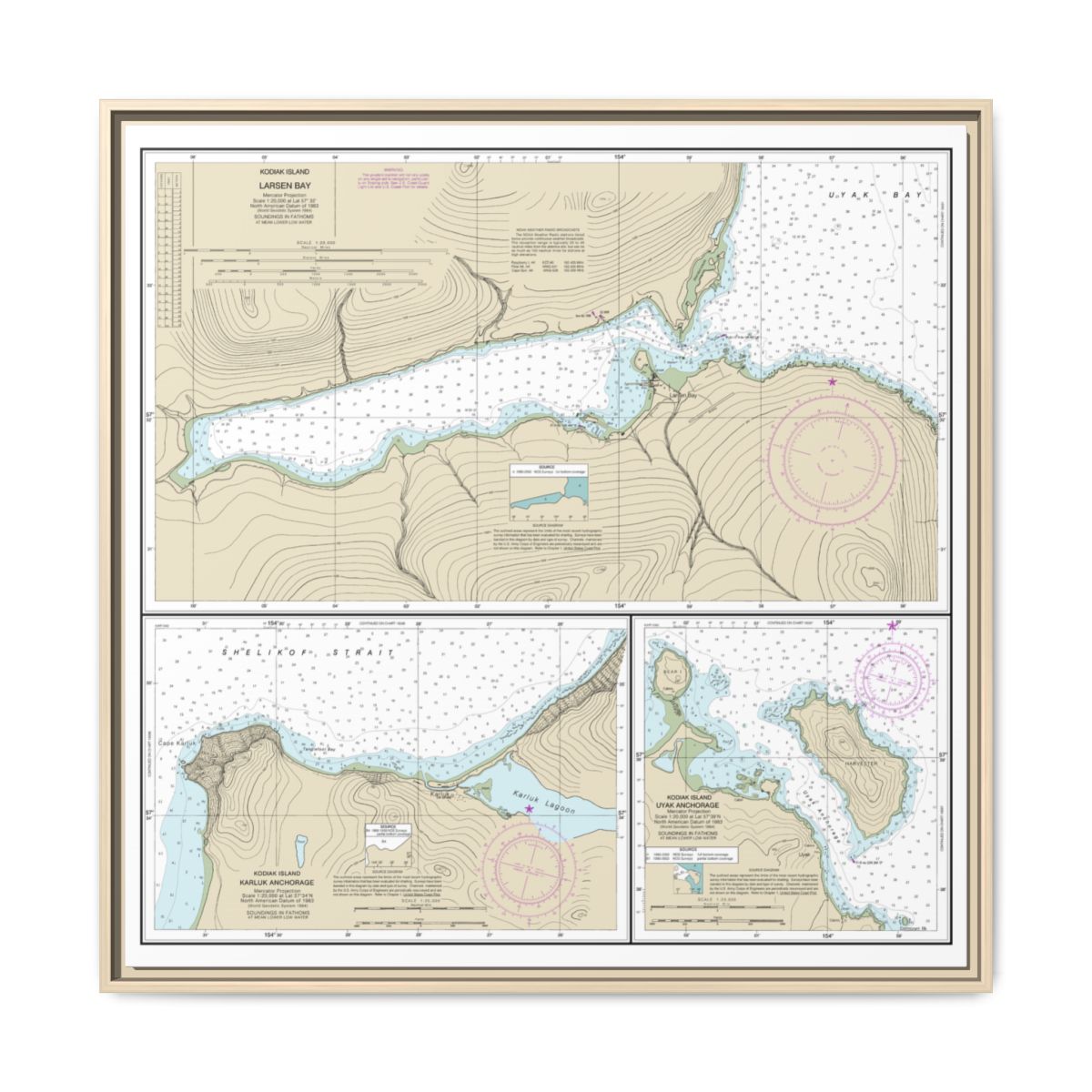 Chart 16599 Bays and Anchorages, Kodiak Island Karluk Anchorage;Larsen Bay;Uyak Anchorage - NOAA Nautical Chart Floating Frame Canvas | 32" x 32" - Natural front