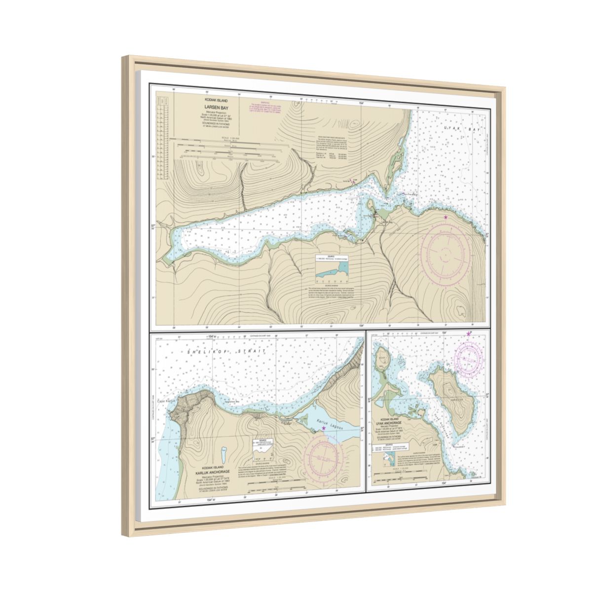 Chart 16599 Bays and Anchorages, Kodiak Island Karluk Anchorage;Larsen Bay;Uyak Anchorage - NOAA Nautical Chart Floating Frame Canvas | 32" x 32" - Natural side
