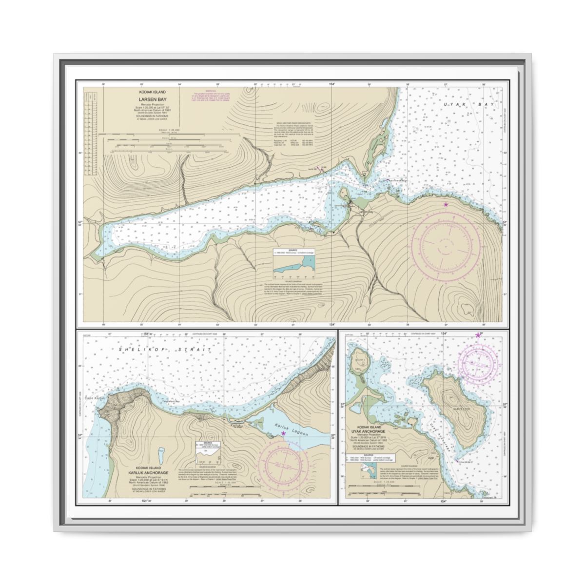Chart 16599 Bays and Anchorages, Kodiak Island Karluk Anchorage;Larsen Bay;Uyak Anchorage - NOAA Nautical Chart Floating Frame Canvas | 32" x 32" - White front