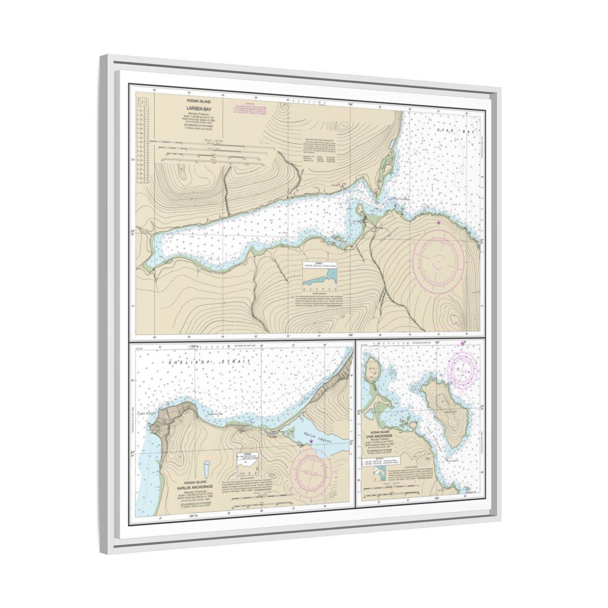 Chart 16599 Bays and Anchorages, Kodiak Island Karluk Anchorage;Larsen Bay;Uyak Anchorage - NOAA Nautical Chart Floating Frame Canvas | 32" x 32" - White side