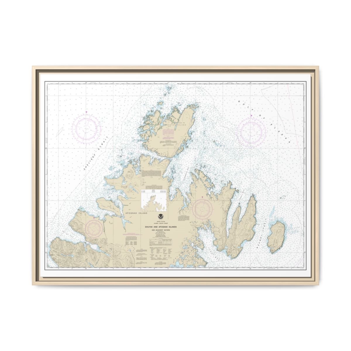 Chart 16604 Shuyak and Afagnak Islands and adjacent waters - NOAA Nautical Chart Floating Frame Canvas | 32" x 24" | 40" x 30" - Natural front