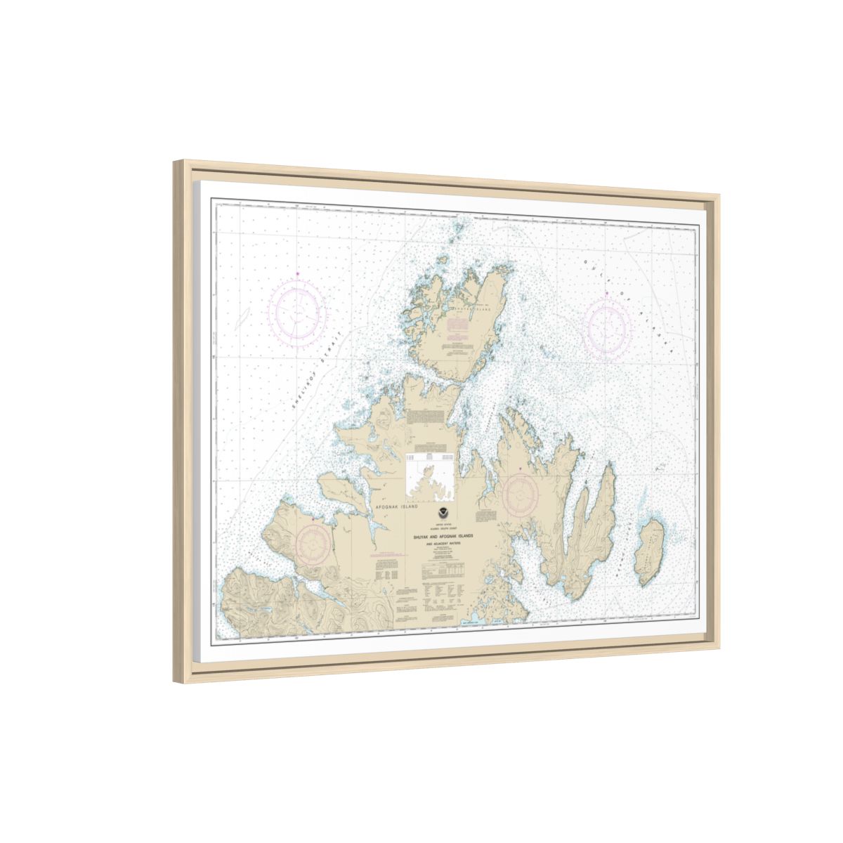 Chart 16604 Shuyak and Afagnak Islands and adjacent waters - NOAA Nautical Chart Floating Frame Canvas | 32" x 24" | 40" x 30" - Natural side