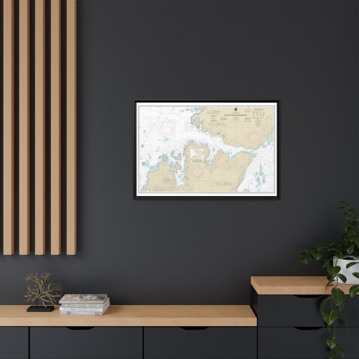 Chart 16605 Shuyak Strait and Bluefox Bay - NOAA Nautical Chart Floating Frame Canvas | 30" x 20" | 36" x 24" | 48" x 32" - Black context-2
