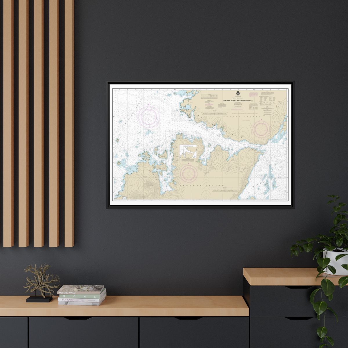Chart 16605 Shuyak Strait and Bluefox Bay - NOAA Nautical Chart Floating Frame Canvas | 30" x 20" | 36" x 24" | 48" x 32" - Black context-2