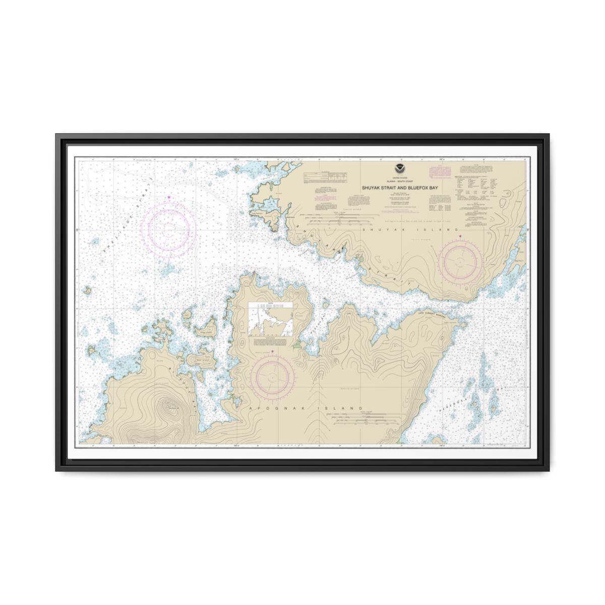 Chart 16605 Shuyak Strait and Bluefox Bay - NOAA Nautical Chart Floating Frame Canvas | 30" x 20" | 36" x 24" | 48" x 32" - Black front