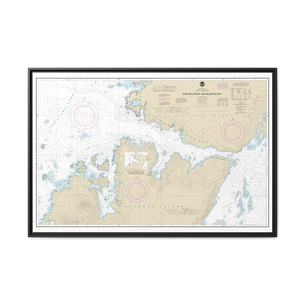Chart 16605 Shuyak Strait and Bluefox Bay - NOAA Nautical Chart Floating Frame Canvas | 30" x 20" | 36" x 24" | 48" x 32" - Black front