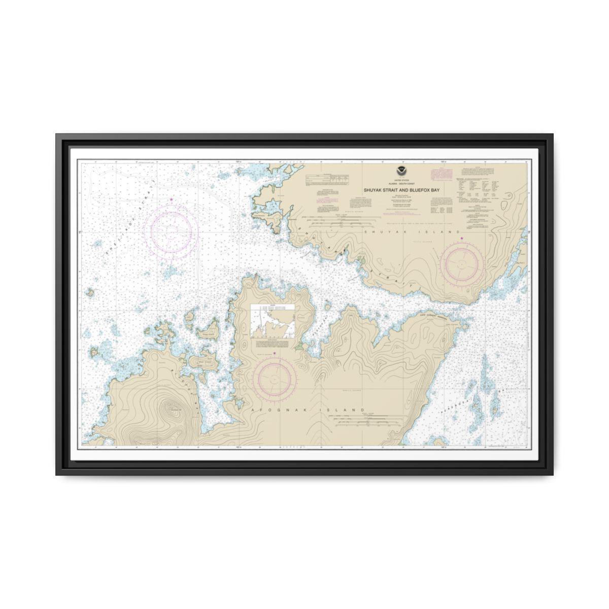 Chart 16605 Shuyak Strait and Bluefox Bay - NOAA Nautical Chart Floating Frame Canvas | 30" x 20" | 36" x 24" | 48" x 32" - Black front