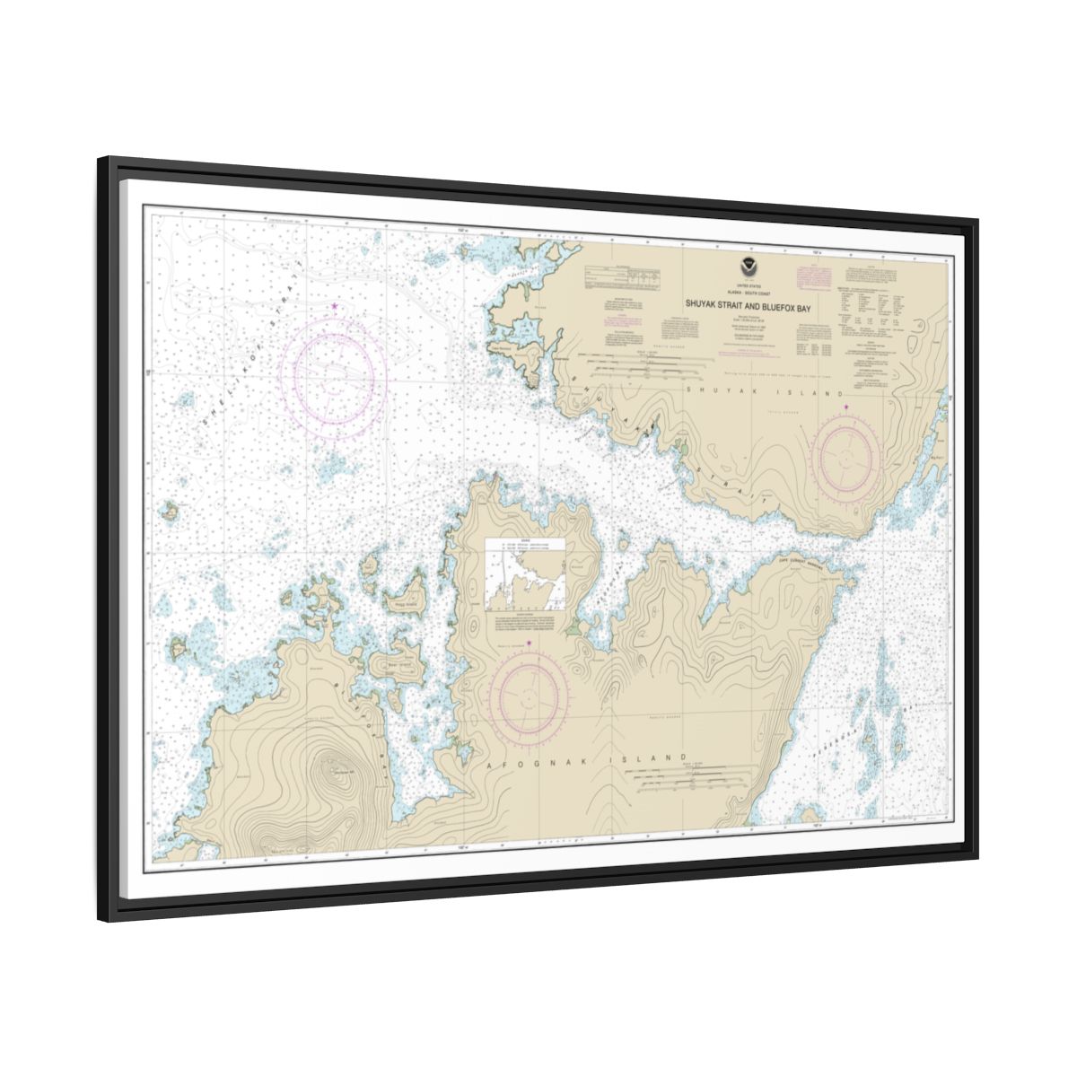 Chart 16605 Shuyak Strait and Bluefox Bay - NOAA Nautical Chart Floating Frame Canvas | 30" x 20" | 36" x 24" | 48" x 32" - Black side