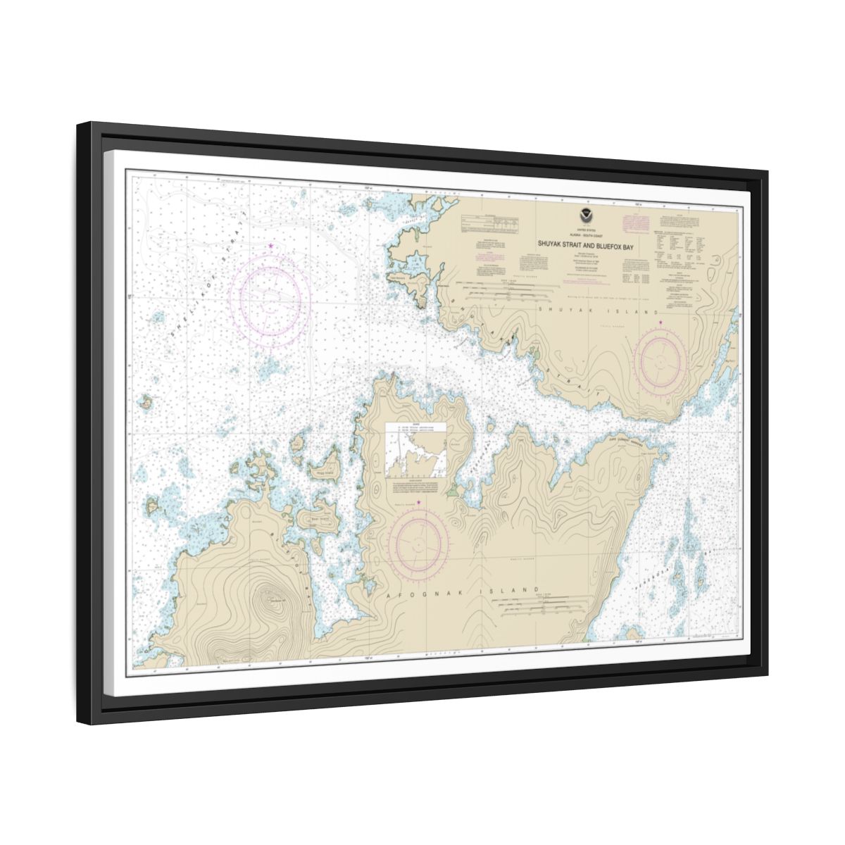 Chart 16605 Shuyak Strait and Bluefox Bay - NOAA Nautical Chart Floating Frame Canvas | 30" x 20" | 36" x 24" | 48" x 32" - Black side