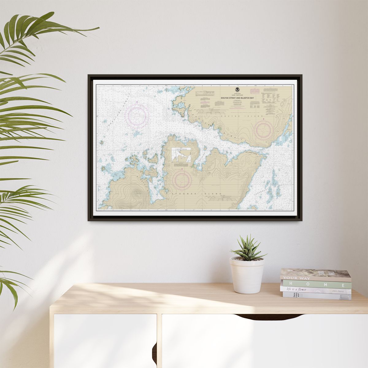 Chart 16605 Shuyak Strait and Bluefox Bay - NOAA Nautical Chart Floating Frame Canvas | 30" x 20" | 36" x 24" | 48" x 32" - Espresso context-1
