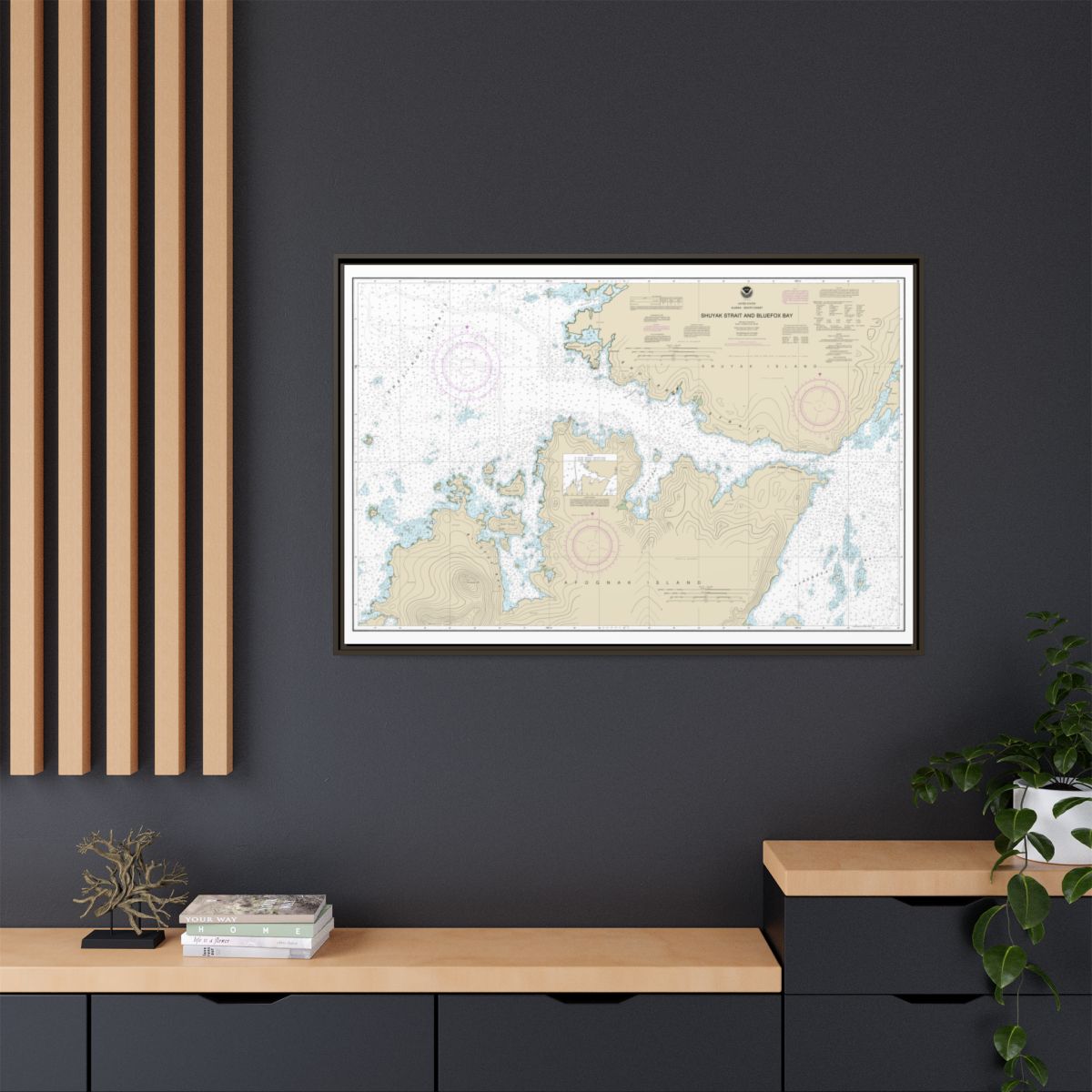Chart 16605 Shuyak Strait and Bluefox Bay - NOAA Nautical Chart Floating Frame Canvas | 30" x 20" | 36" x 24" | 48" x 32" - Espresso context-2