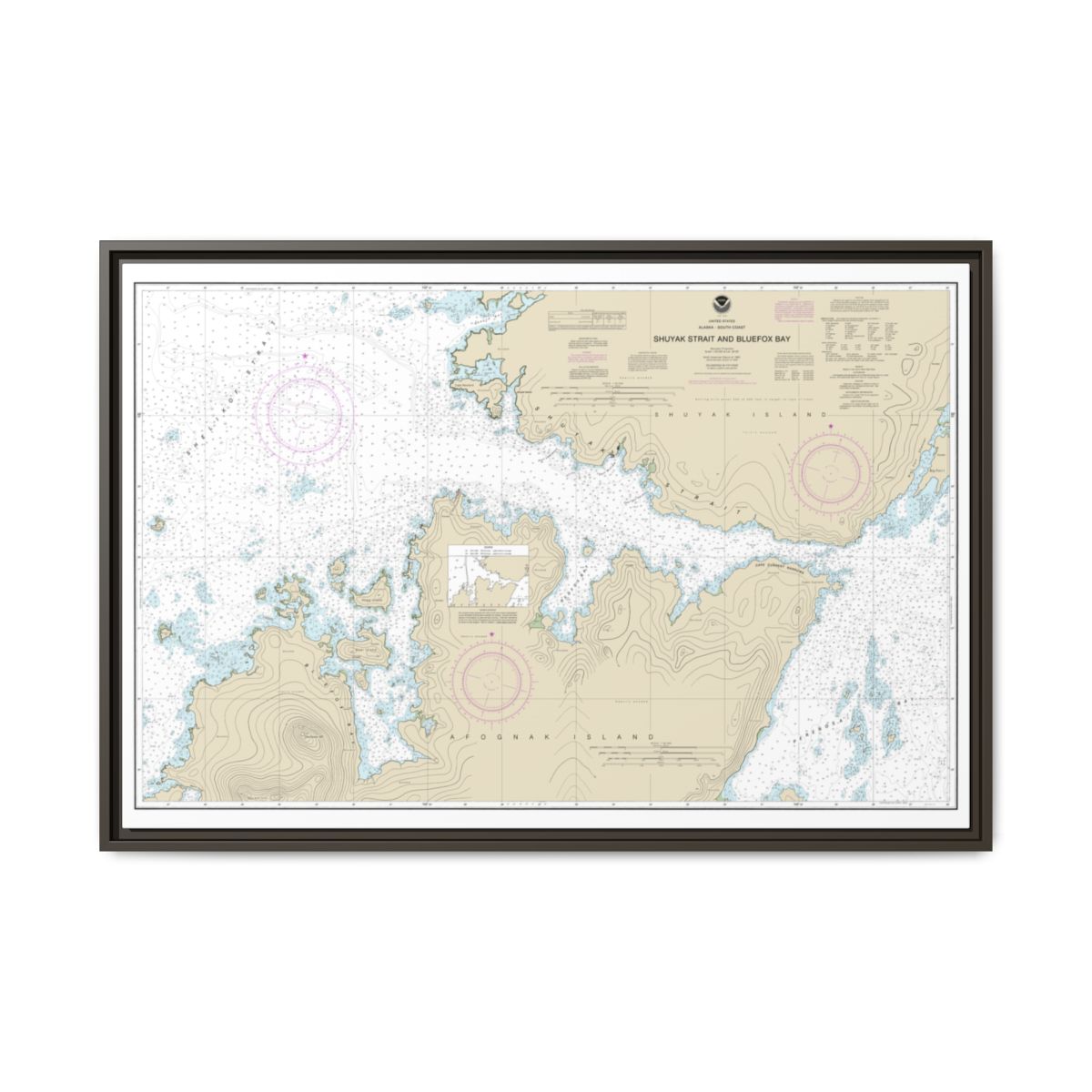 Chart 16605 Shuyak Strait and Bluefox Bay - NOAA Nautical Chart Floating Frame Canvas | 30" x 20" | 36" x 24" | 48" x 32" - Espresso front
