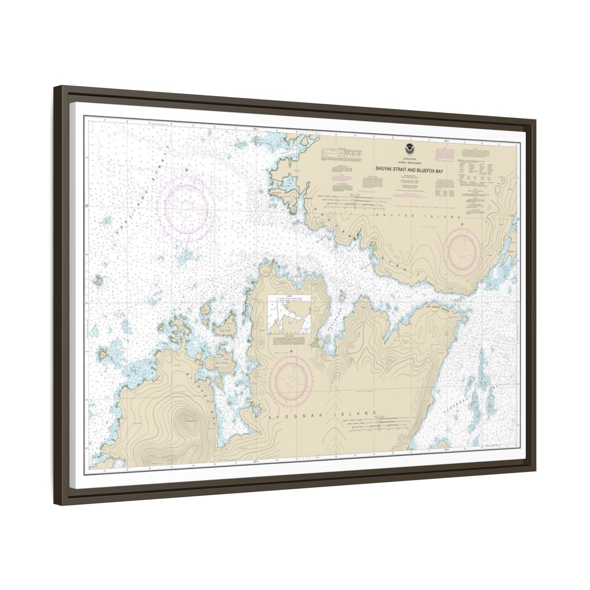 Chart 16605 Shuyak Strait and Bluefox Bay - NOAA Nautical Chart Floating Frame Canvas | 30" x 20" | 36" x 24" | 48" x 32" - Espresso side