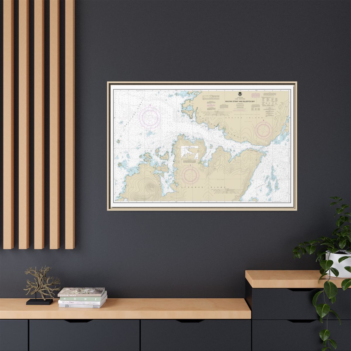 Chart 16605 Shuyak Strait and Bluefox Bay - NOAA Nautical Chart Floating Frame Canvas | 30" x 20" | 36" x 24" | 48" x 32" - Natural context-2