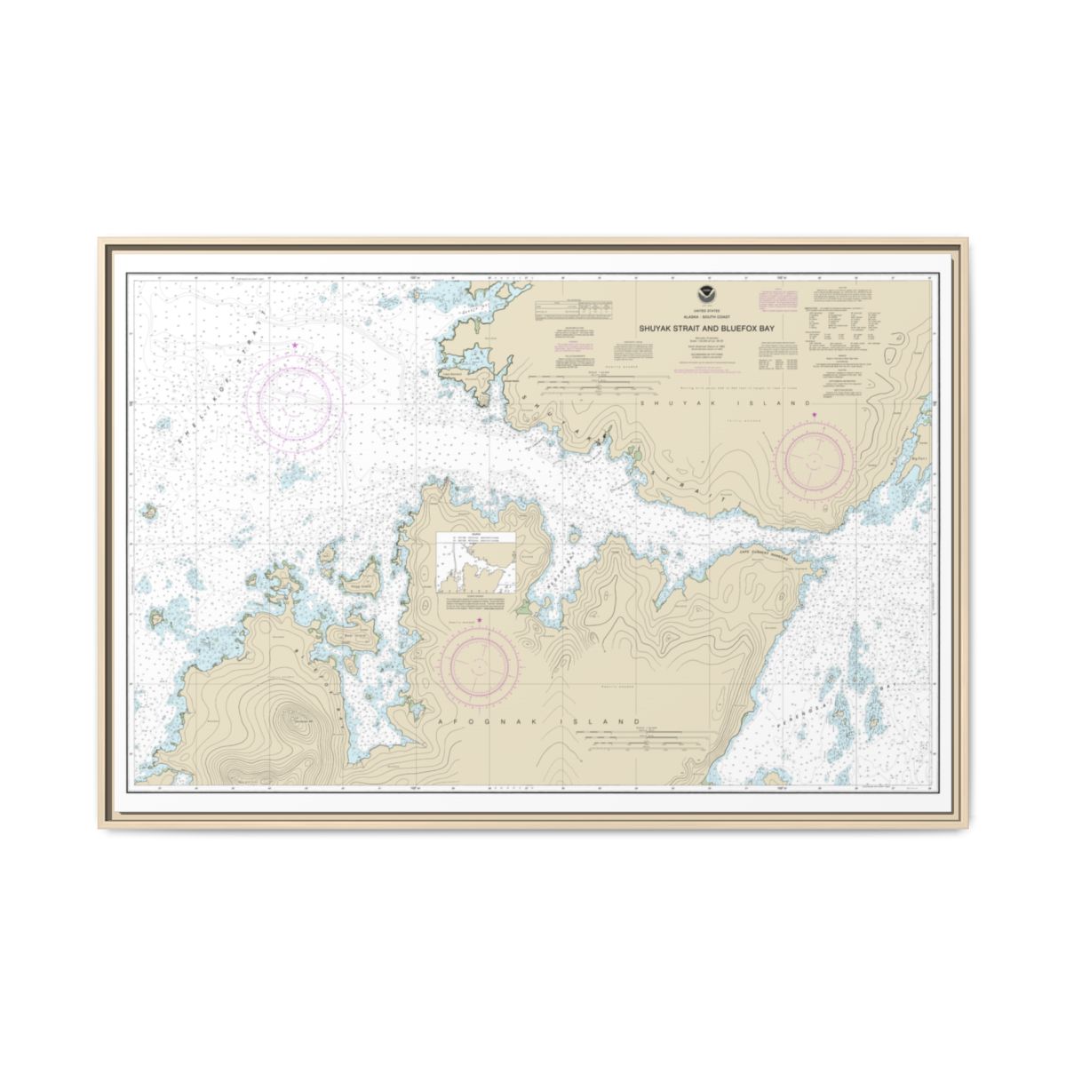 Chart 16605 Shuyak Strait and Bluefox Bay - NOAA Nautical Chart Floating Frame Canvas | 30" x 20" | 36" x 24" | 48" x 32" - Natural front