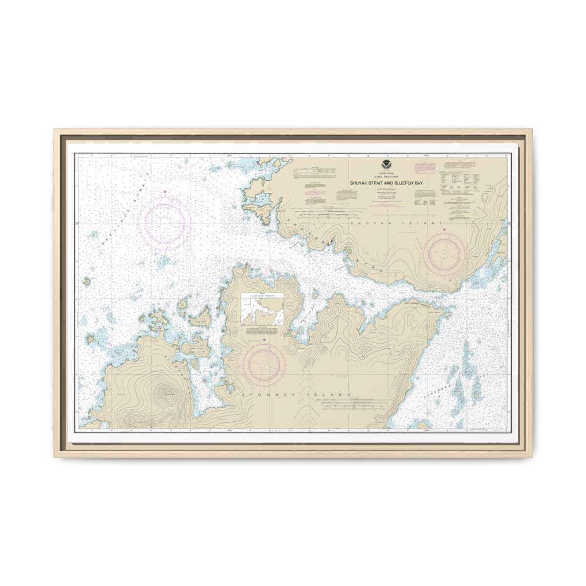 Chart 16605 Shuyak Strait and Bluefox Bay - NOAA Nautical Chart Floating Frame Canvas | 30" x 20" | 36" x 24" | 48" x 32" - Natural front