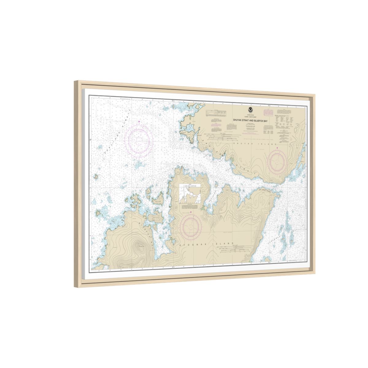 Chart 16605 Shuyak Strait and Bluefox Bay - NOAA Nautical Chart Floating Frame Canvas | 30" x 20" | 36" x 24" | 48" x 32" - Natural side