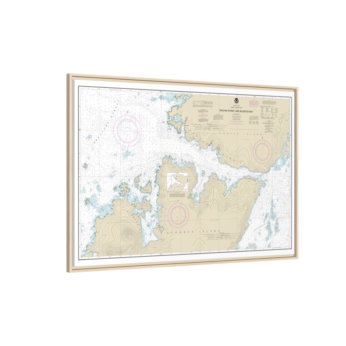 Chart 16605 Shuyak Strait and Bluefox Bay - NOAA Nautical Chart Floating Frame Canvas | 30" x 20" | 36" x 24" | 48" x 32" - Natural side