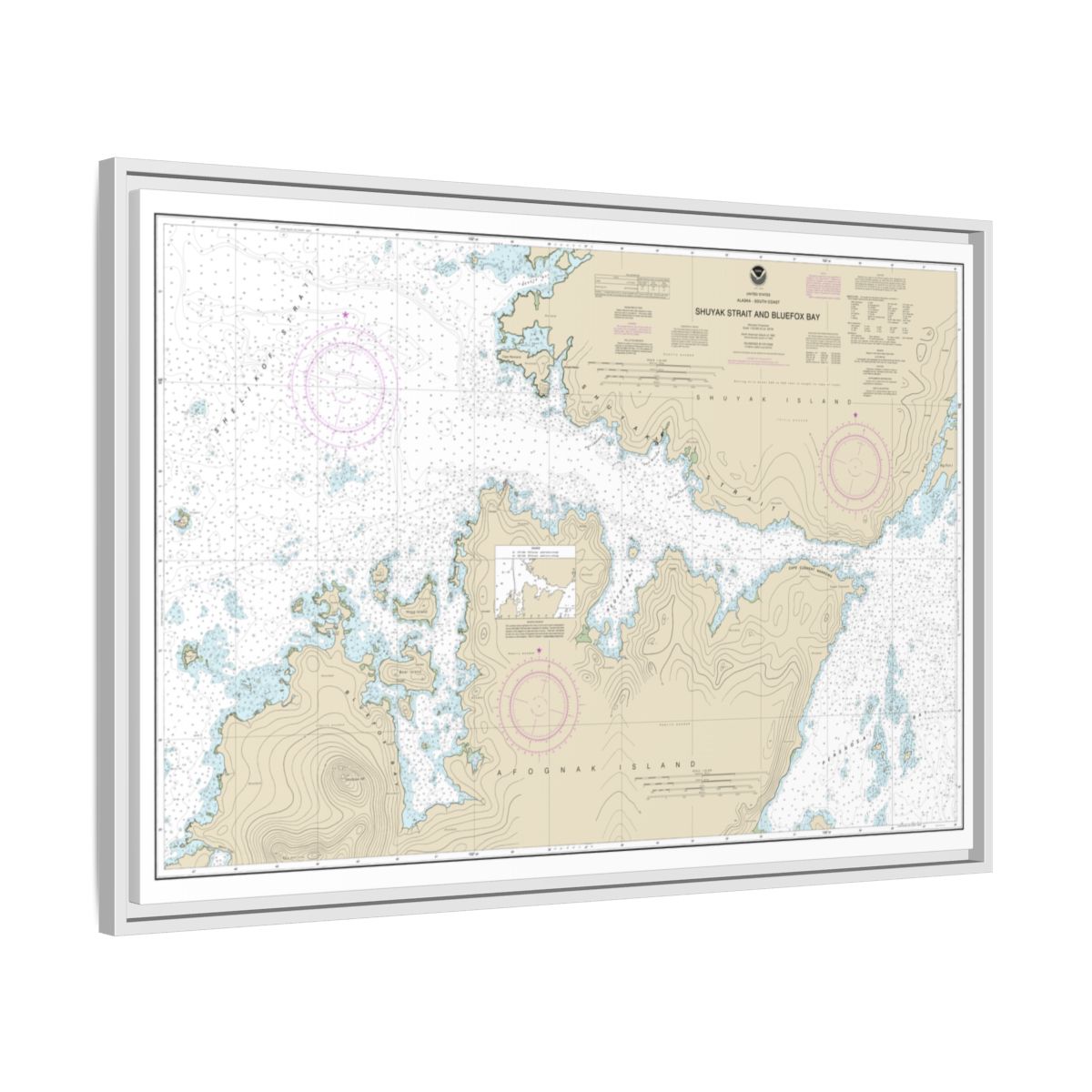 Chart 16605 Shuyak Strait and Bluefox Bay - NOAA Nautical Chart Floating Frame Canvas | 30" x 20" | 36" x 24" | 48" x 32" - White side