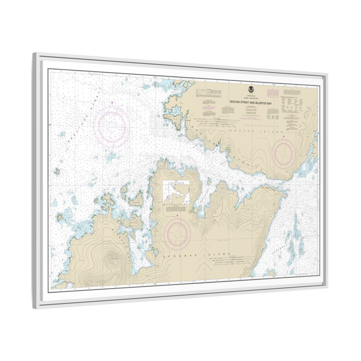 Chart 16605 Shuyak Strait and Bluefox Bay - NOAA Nautical Chart Floating Frame Canvas | 30" x 20" | 36" x 24" | 48" x 32" - White side