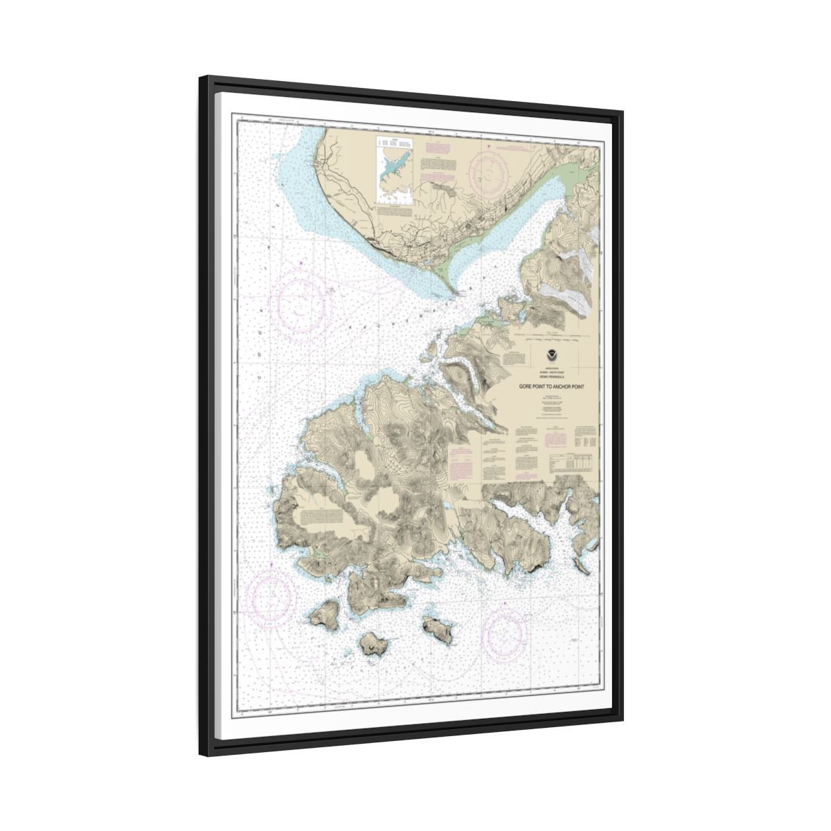 Chart 16645 Gore Point to Anchor Point - NOAA Nautical Chart Floating Frame Canvas | 24" x 32" | 30" x 40" - Black side