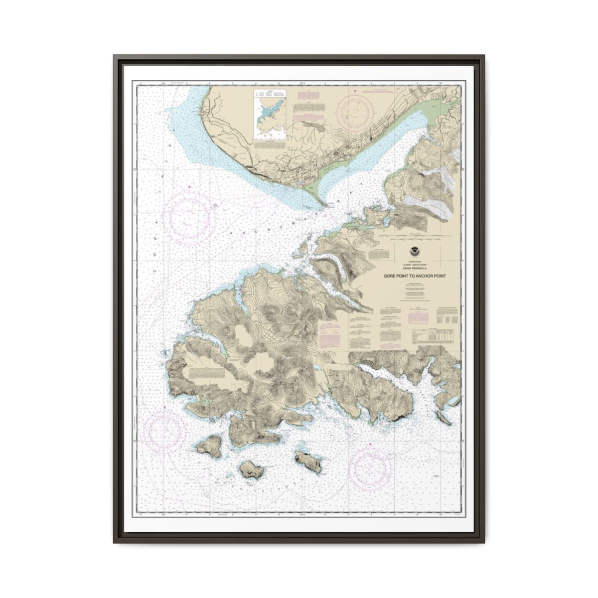 Chart 16645 Gore Point to Anchor Point - NOAA Nautical Chart Floating Frame Canvas | 24" x 32" | 30" x 40" - Espresso front