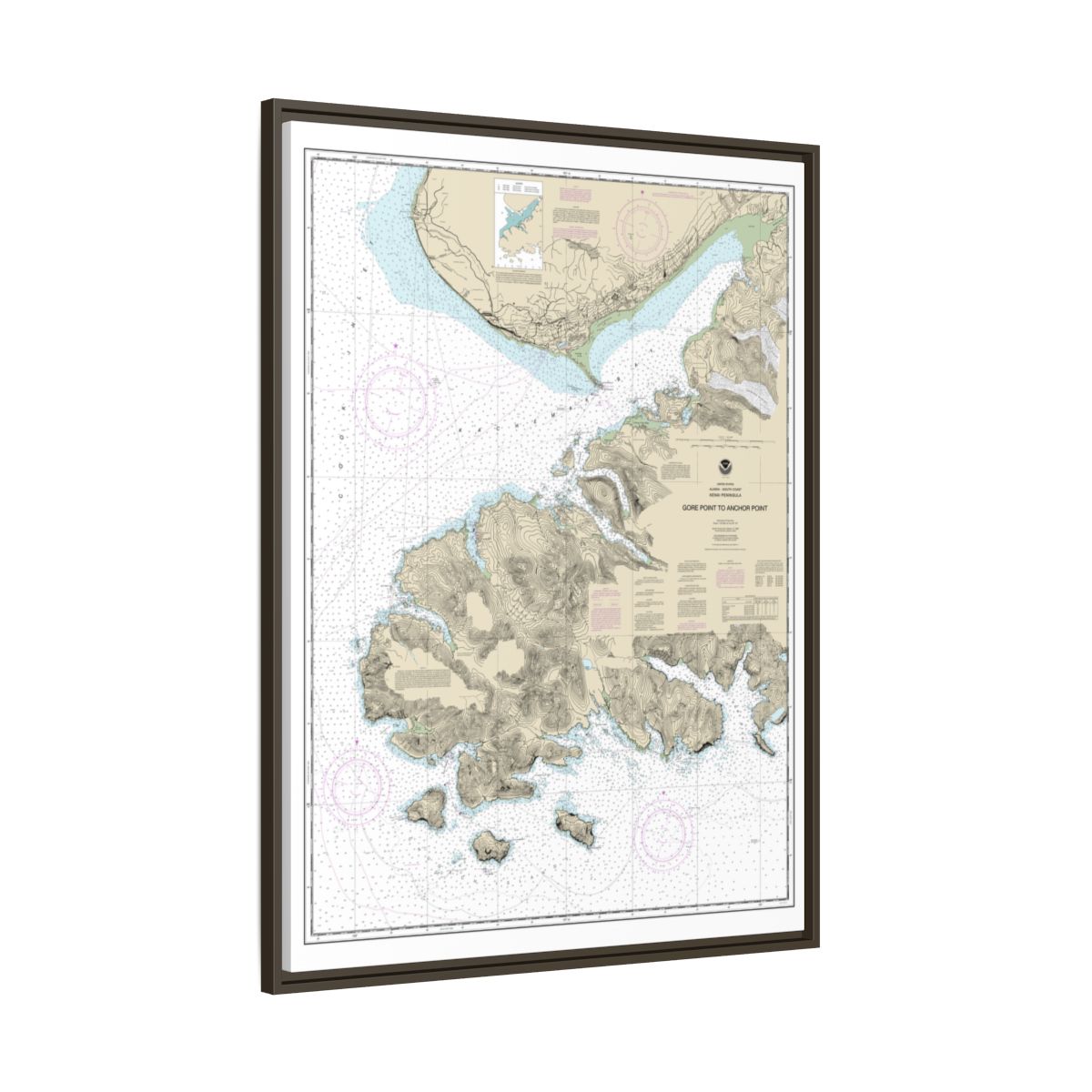 Chart 16645 Gore Point to Anchor Point - NOAA Nautical Chart Floating Frame Canvas | 24" x 32" | 30" x 40" - Espresso side