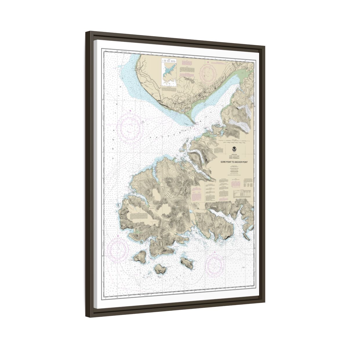 Chart 16645 Gore Point to Anchor Point - NOAA Nautical Chart Floating Frame Canvas | 24" x 32" | 30" x 40" - Espresso side