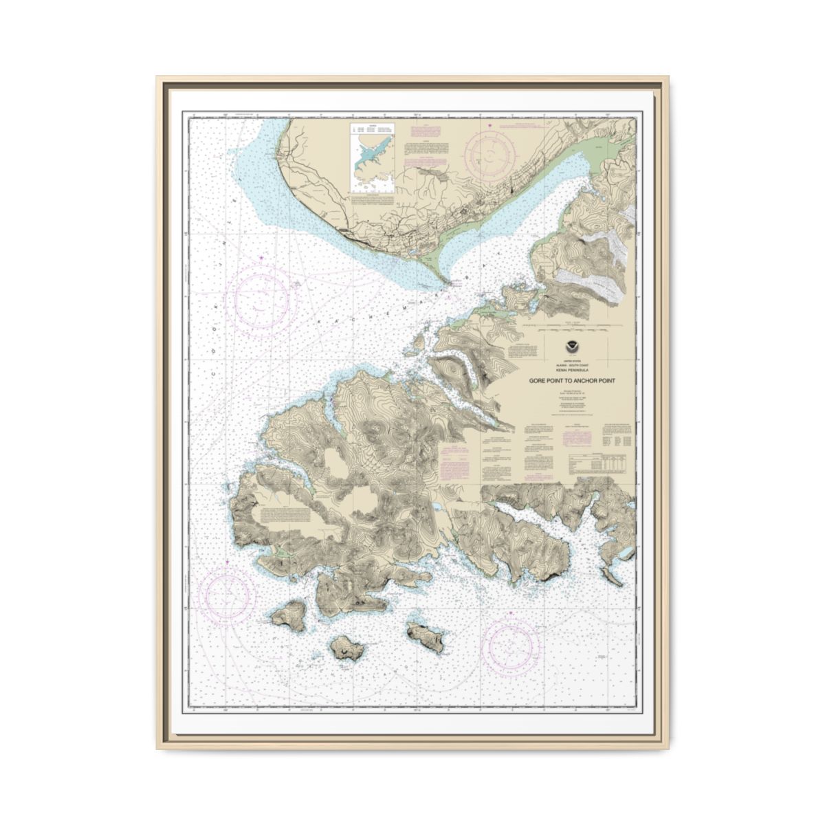 Chart 16645 Gore Point to Anchor Point - NOAA Nautical Chart Floating Frame Canvas | 24" x 32" | 30" x 40" - Natural front