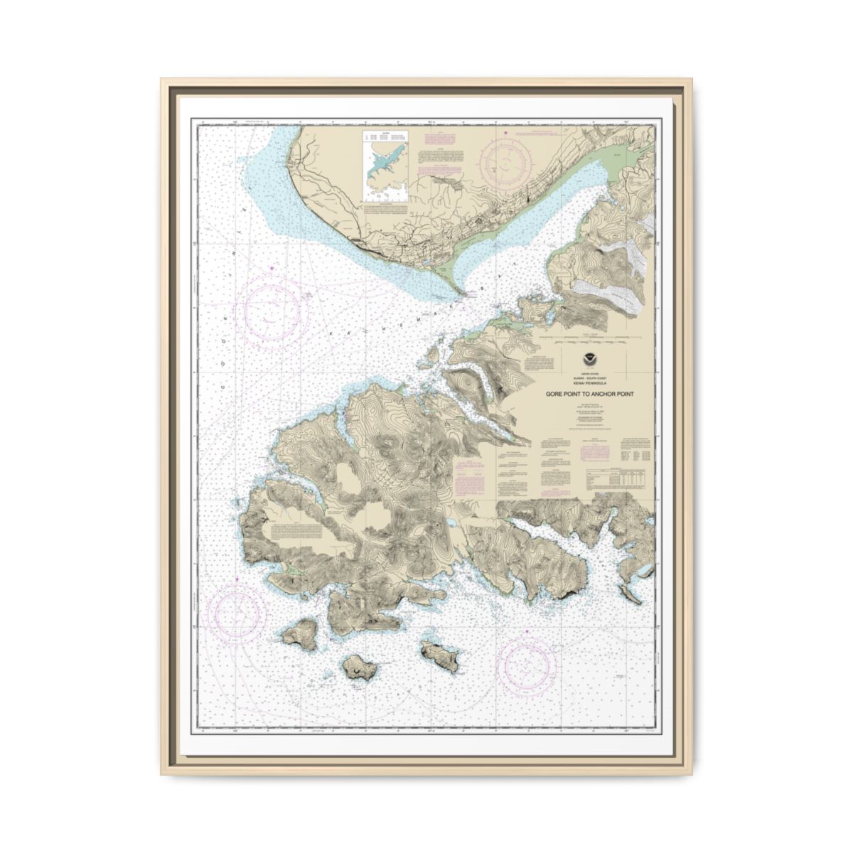 Chart 16645 Gore Point to Anchor Point - NOAA Nautical Chart Floating Frame Canvas | 24" x 32" | 30" x 40" - Natural front