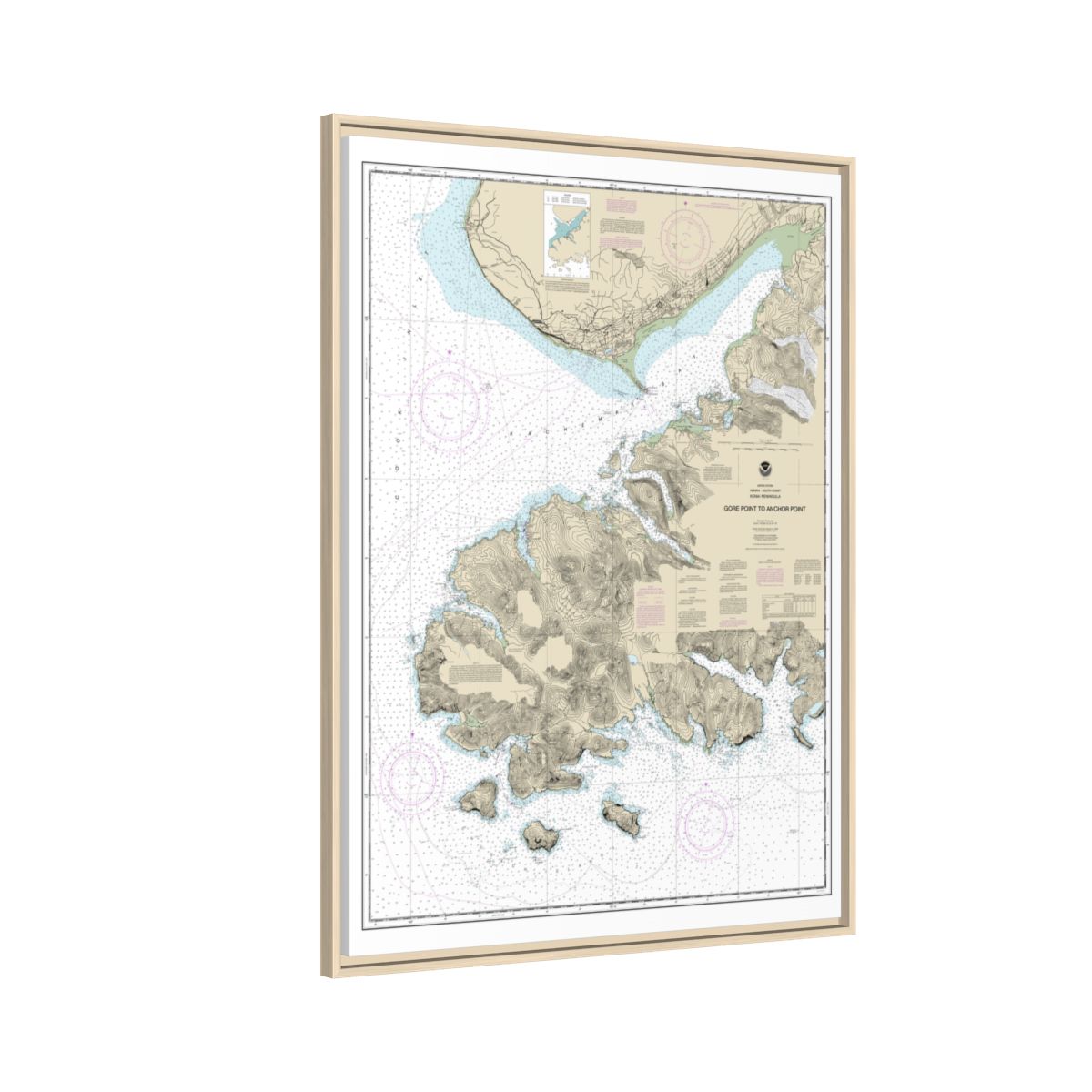 Chart 16645 Gore Point to Anchor Point - NOAA Nautical Chart Floating Frame Canvas | 24" x 32" | 30" x 40" - Natural side