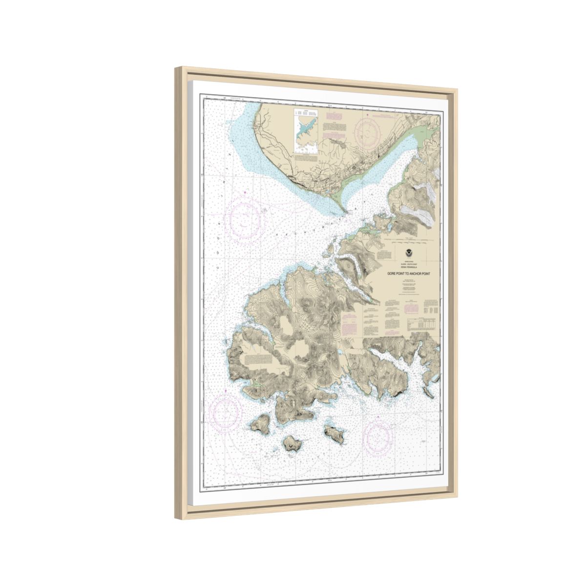 Chart 16645 Gore Point to Anchor Point - NOAA Nautical Chart Floating Frame Canvas | 24" x 32" | 30" x 40" - Natural side