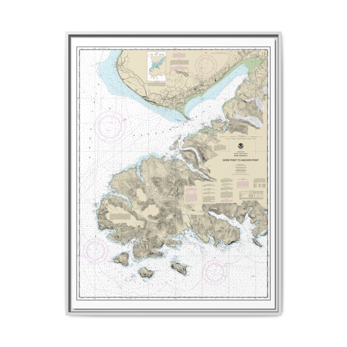 Chart 16645 Gore Point to Anchor Point - NOAA Nautical Chart Floating Frame Canvas | 24" x 32" | 30" x 40" - White front