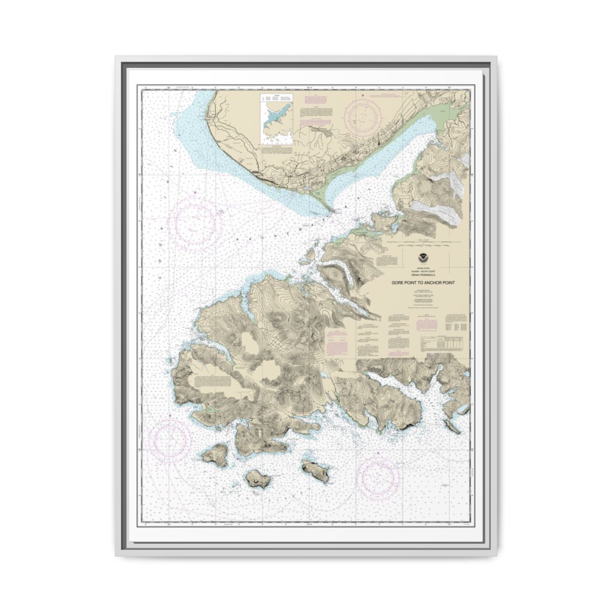 Chart 16645 Gore Point to Anchor Point - NOAA Nautical Chart Floating Frame Canvas | 24" x 32" | 30" x 40" - White front