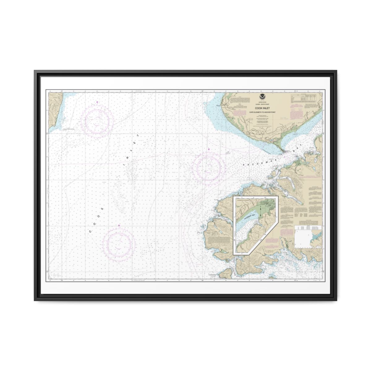 Chart 16647 Cook Inlet-Cape Elizabeth to Anchor Point - NOAA Nautical Chart Floating Frame Canvas | 32" x 24" | 40" x 30" - Black front