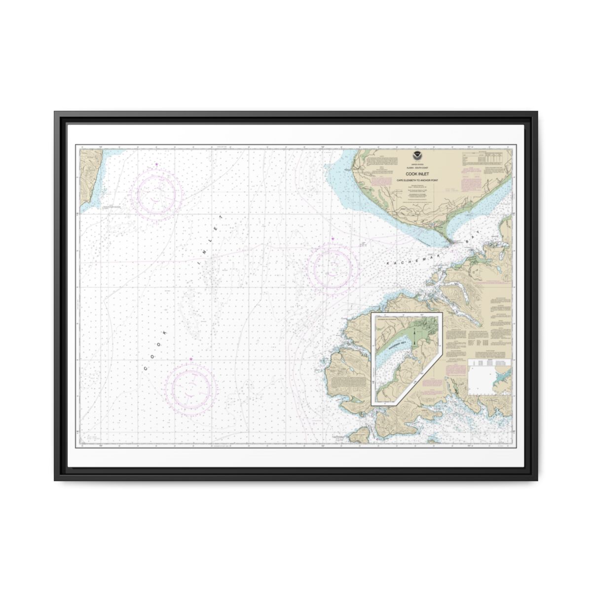 Chart 16647 Cook Inlet-Cape Elizabeth to Anchor Point - NOAA Nautical Chart Floating Frame Canvas | 32" x 24" | 40" x 30" - Black front